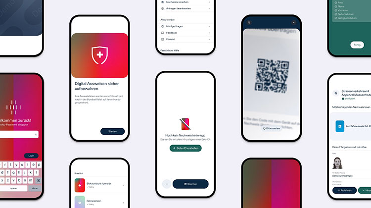 Smartphone-Ansichten mit der E-ID der Schweiz