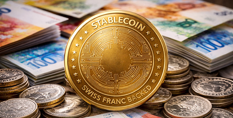 Eine goldene Münze, dargestellt als CHF-Stablecoin