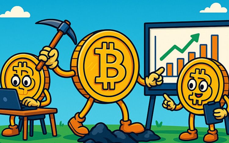 Illustration mit Bitcoin-Münzen, die am Arbeiten sind