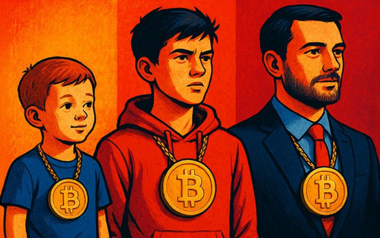 Die Evolution des Bitcoin, dargestellt an einem Kind, einem Jugendlichen und einem Erwachsenen