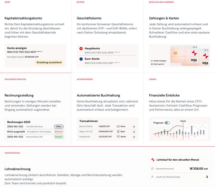 Grafik mit den verschiedenen Leistungen der Neo-Bank Helvo