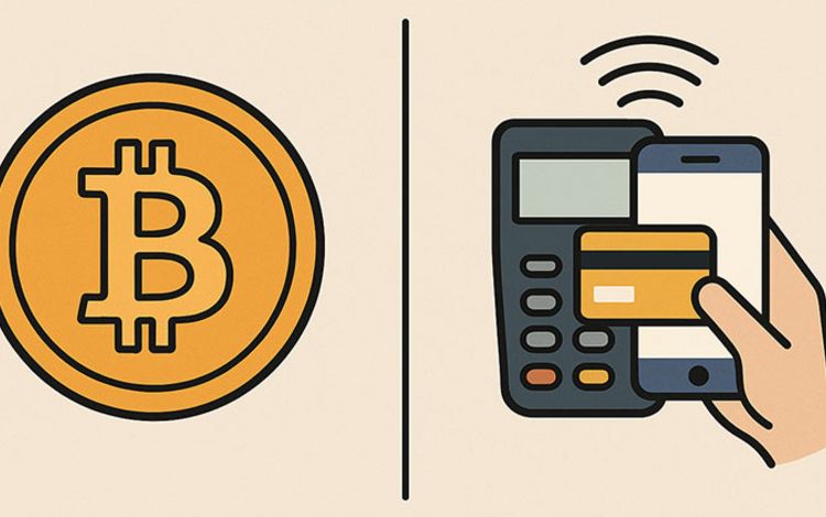 Illustration mit Symbolen zu Bitcoin und digitalen Zahlungen