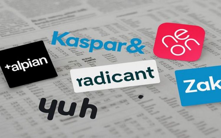 Logos von Neo-Banken auf einer unscharfen News-Seite
