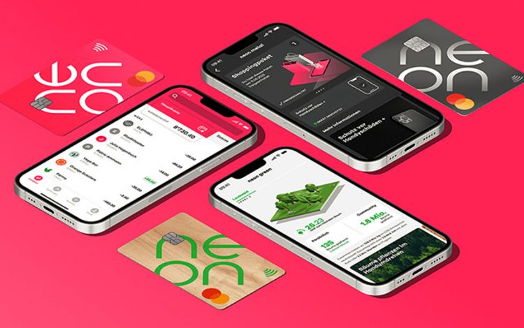 Smartphone-Ansichten und Karten der Abo-Modelle der Neo-Bank Neon