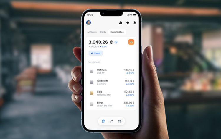 Die Smartphone-Ansicht der Neo-Bank Revolut mit dem Bereich des Edelmetall-Handels