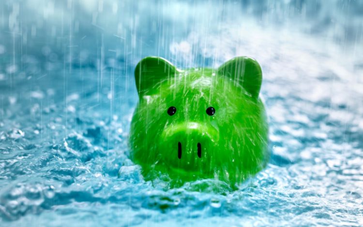 Ein grünes Sparschwein steht im Regen