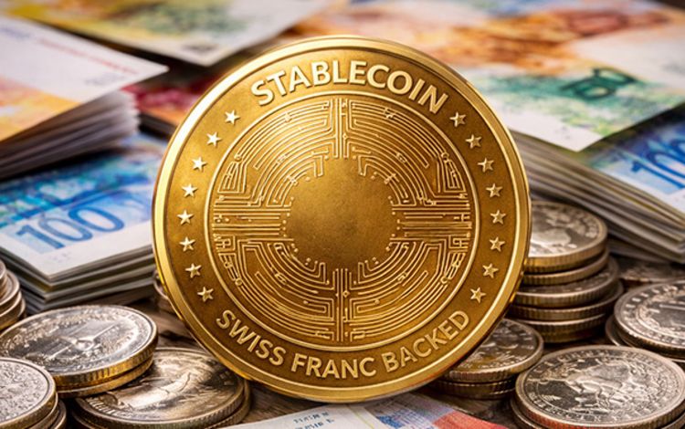 Eine goldene Münze, dargestellt als CHF-Stablecoin