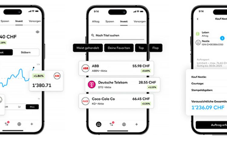 Verschiedene Smartphone-Ansichten der Neo-Bank Zak