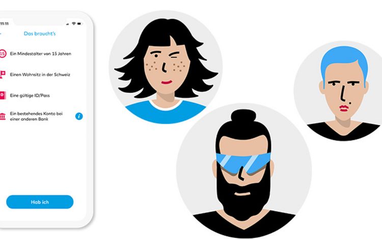 Smartphone mit Avataren und Onboarding-Prozess der Smartphone-Bank Zak